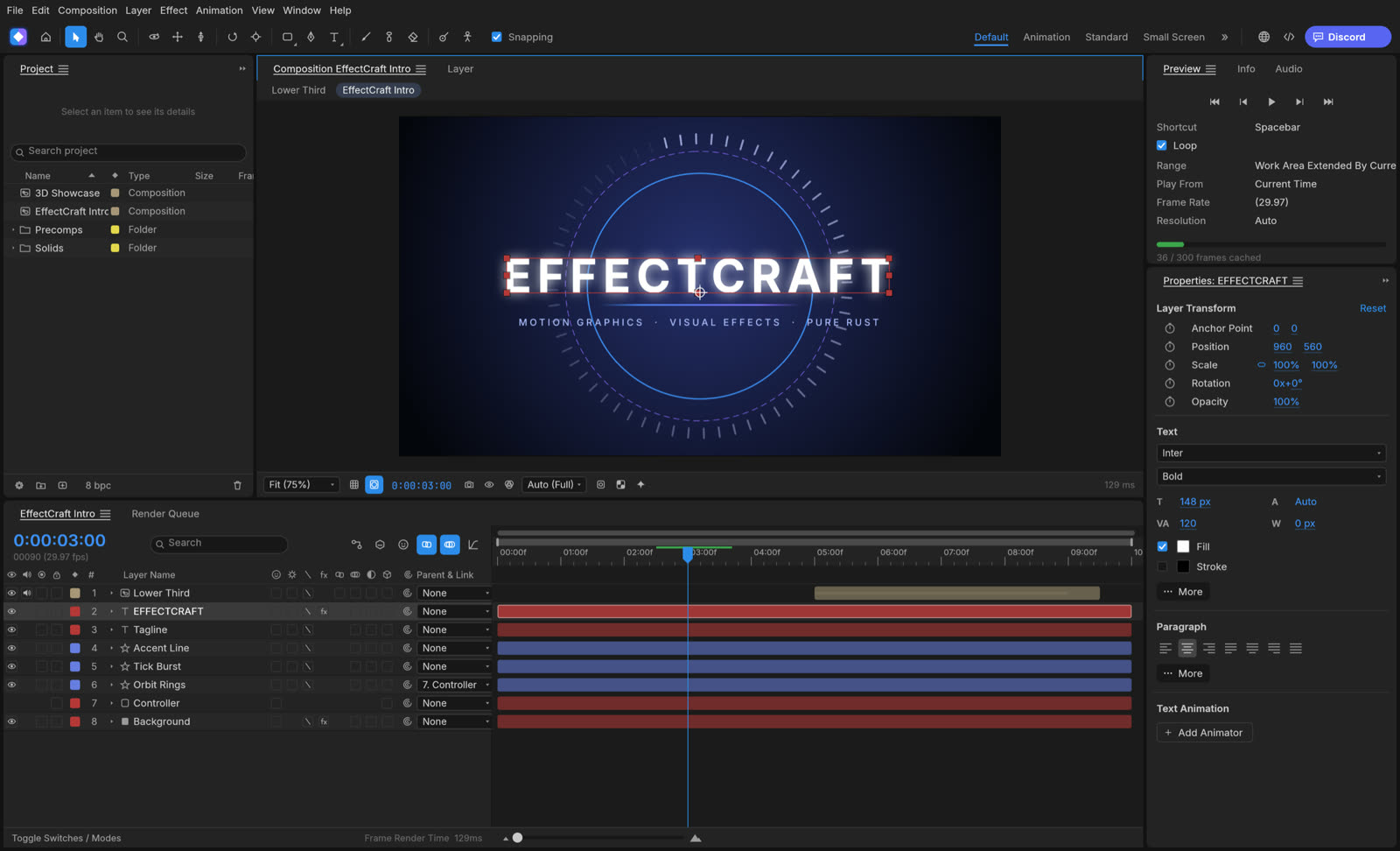 EffectCraft with a title animation and its timeline