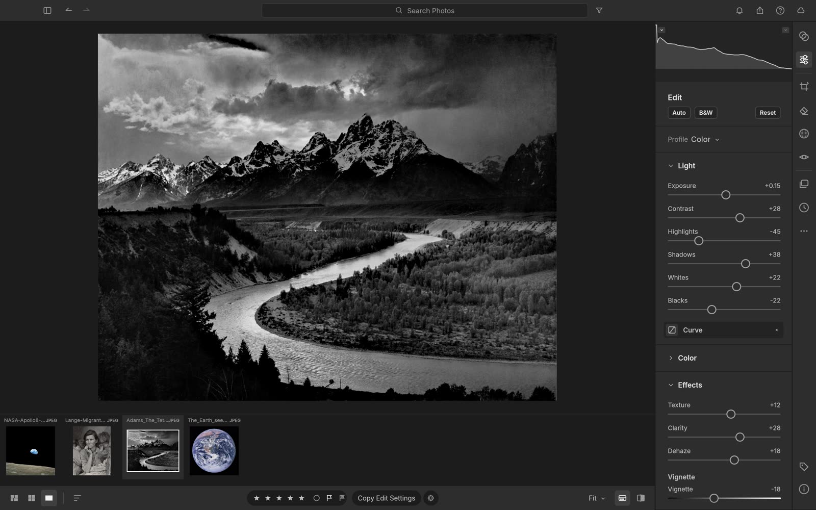 LightCraft developing a black-and-white mountain photo