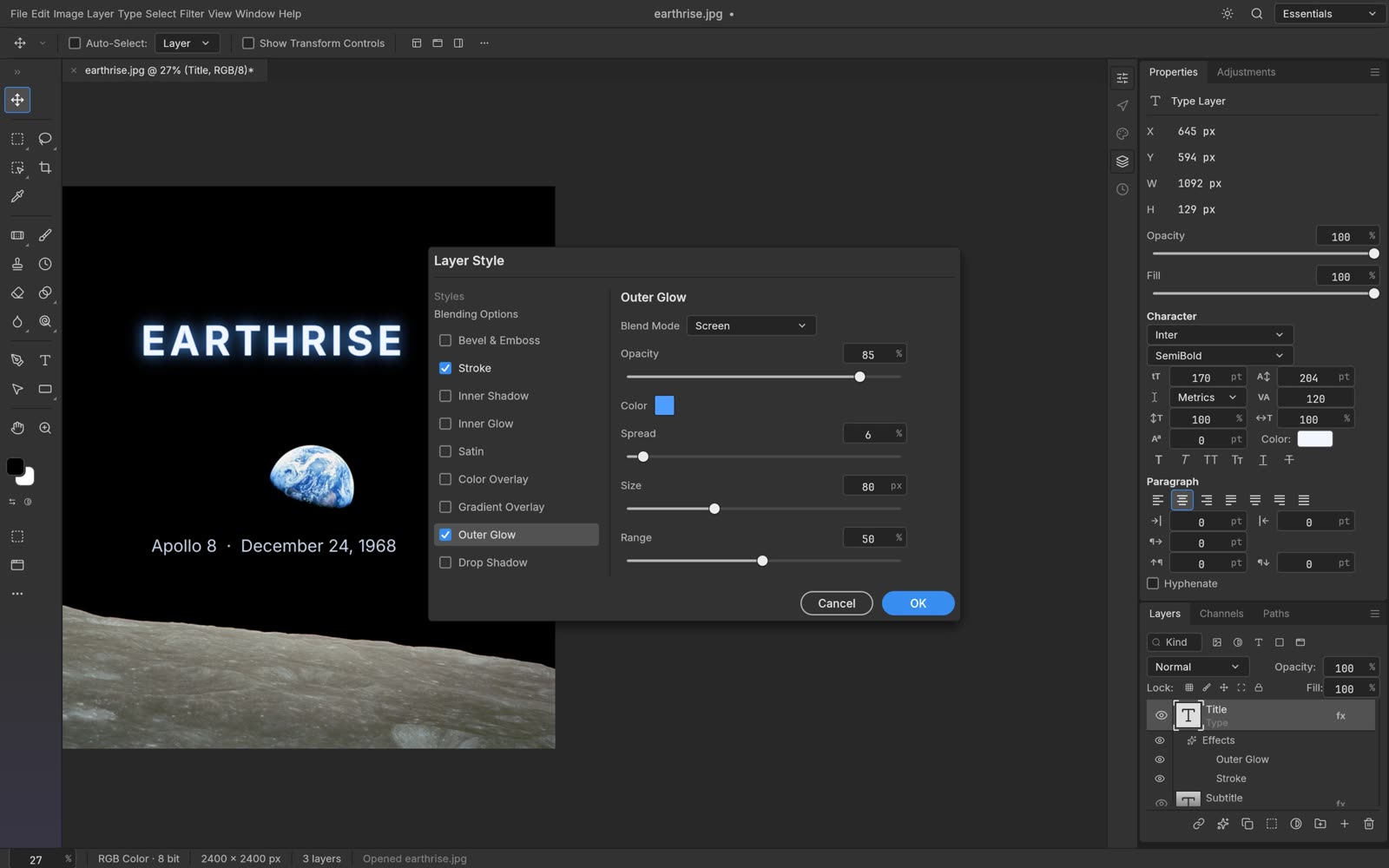PhotoCraft with a layer style dialog on live type