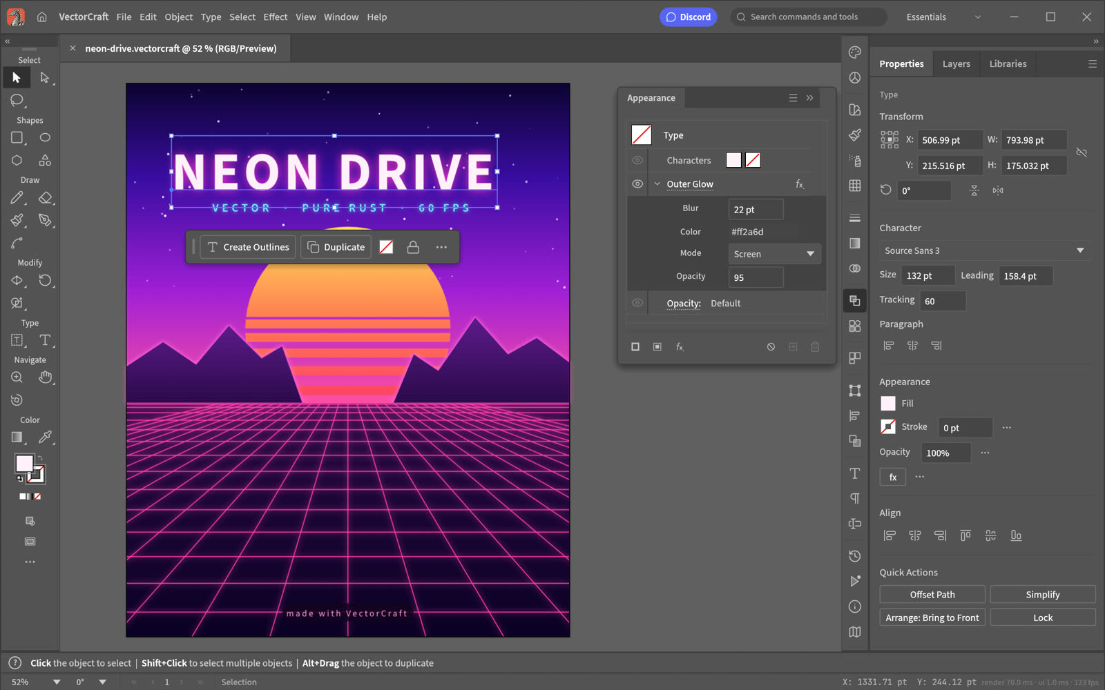VectorCraft editing a neon poster