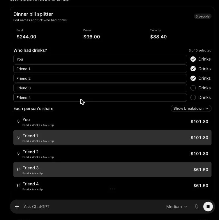The dinner bill splitter in ChatGPT, with five people, drinks ticks and each person's share