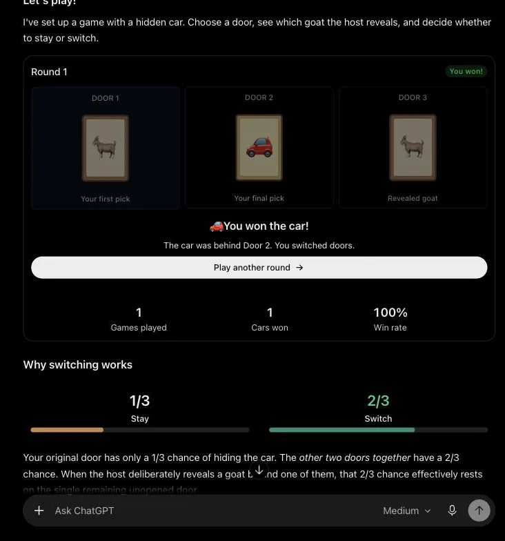 The Monty Hall game after switching doors, showing You won the car