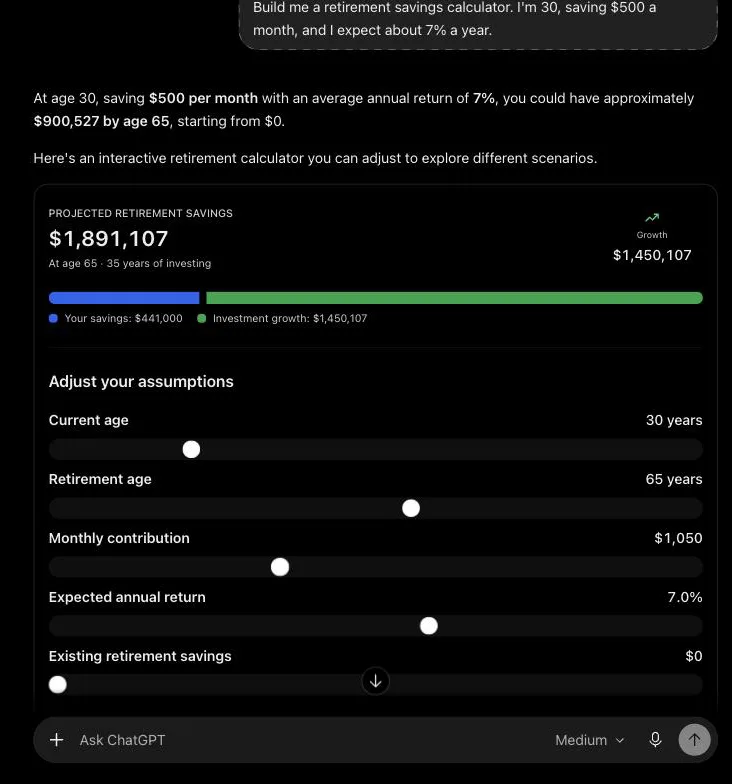 A retirement calculator showing $1,891,107 at 65 with sliders
