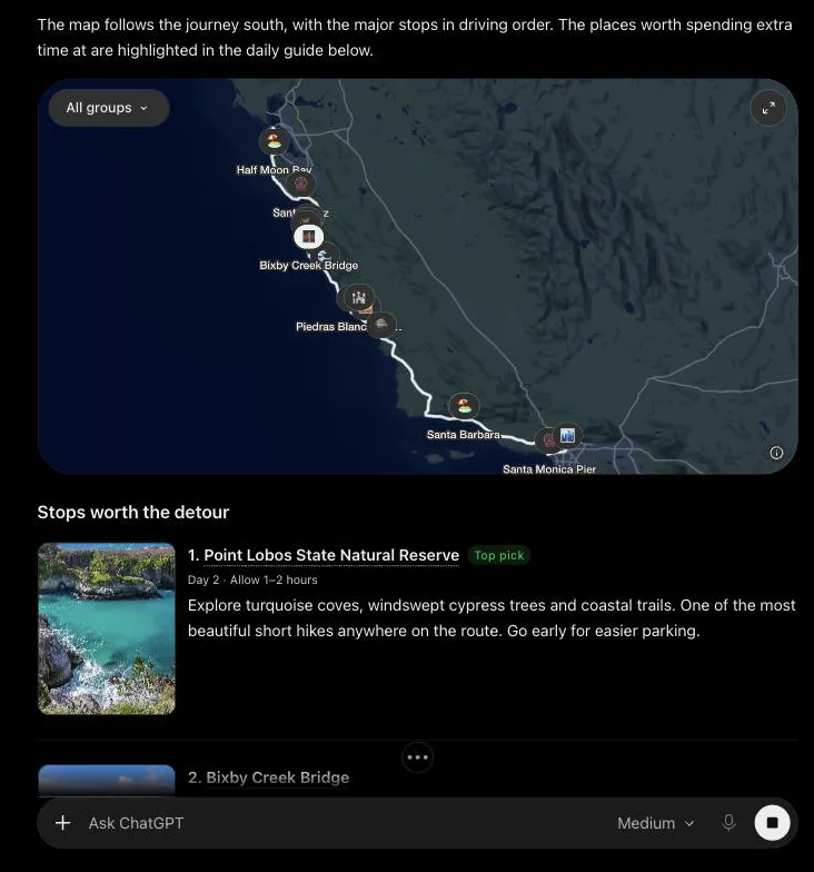 A map with the coastal route drawn from San Francisco to Santa Monica and stop pins