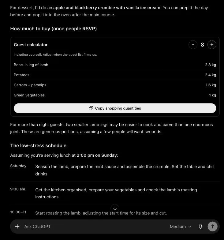 A guest calculator set to 8 people with lamb, potato and vegetable quantities