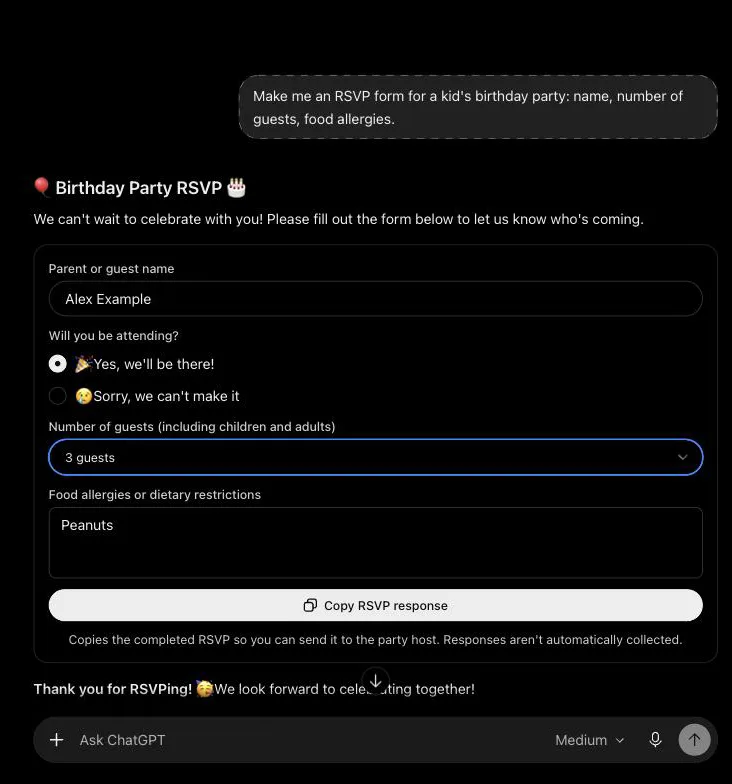 An RSVP form filled in with a made-up name, 3 guests and a peanut allergy