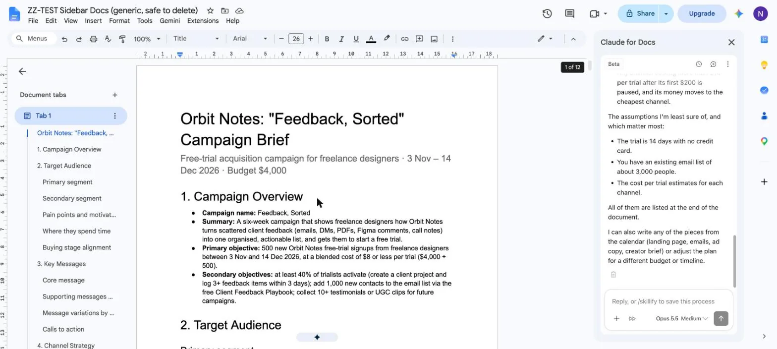 The finished campaign brief in Google Docs with a title, ten numbered sections in the outline and a bulleted overview