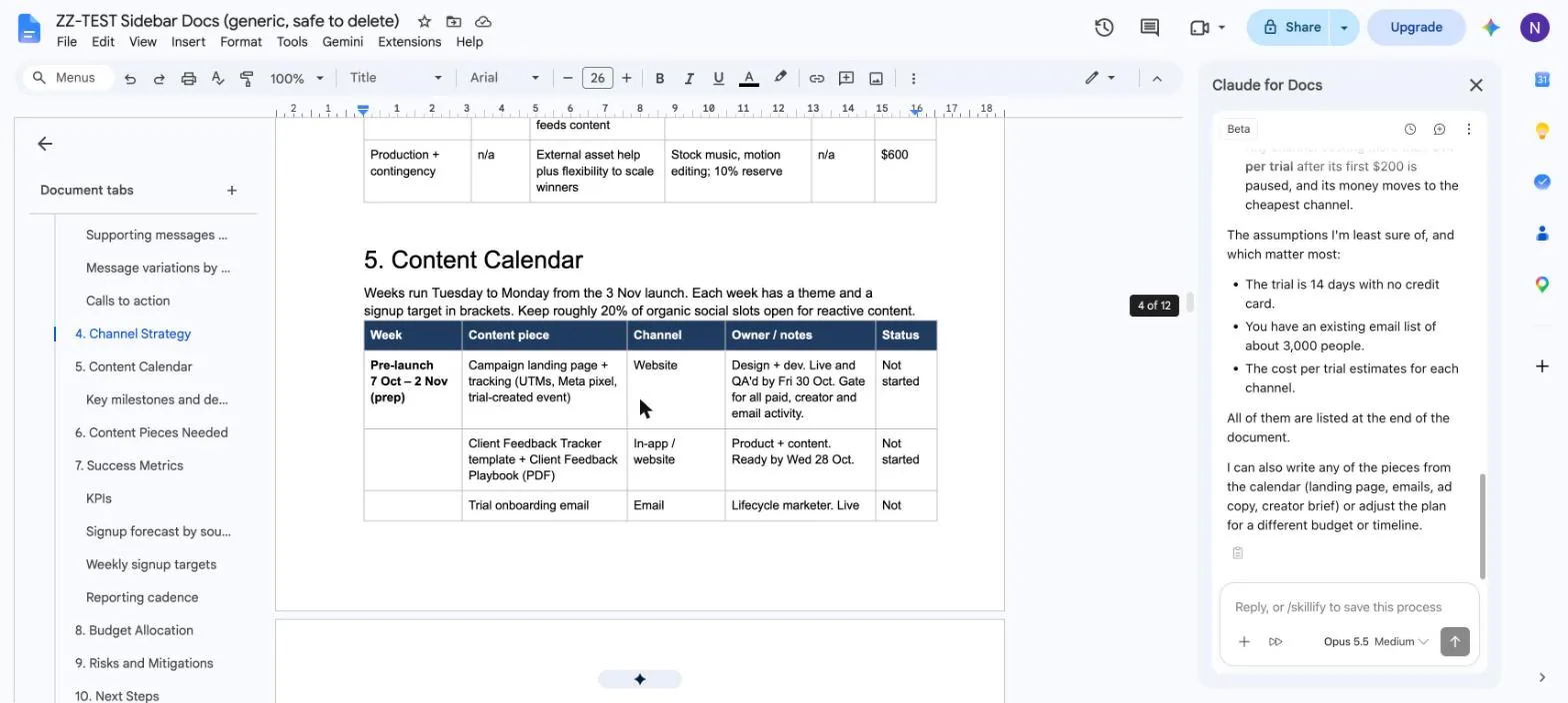 The content calendar table in the Docs brief with a dark header row and banded rows
