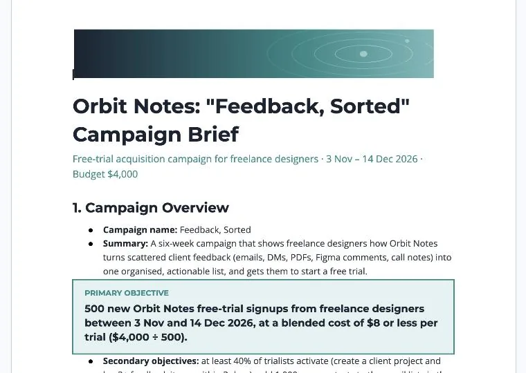 The restyled Docs brief with a navy-to-teal banner image, a bold title and a shaded Primary objective callout box