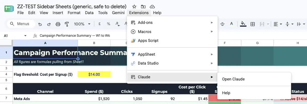 The Google Docs Extensions menu with Claude and Open Claude highlighted