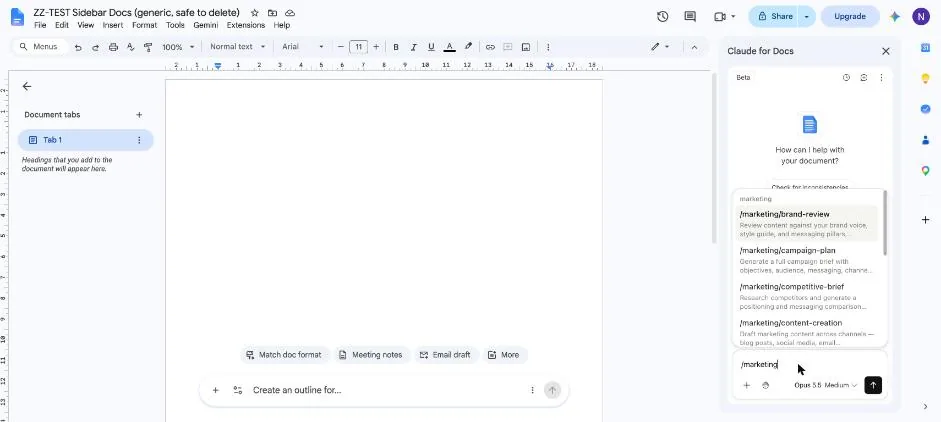 The sidebar skills list filtered to marketing skills such as brand-review, campaign-plan, competitive-brief and content-creation