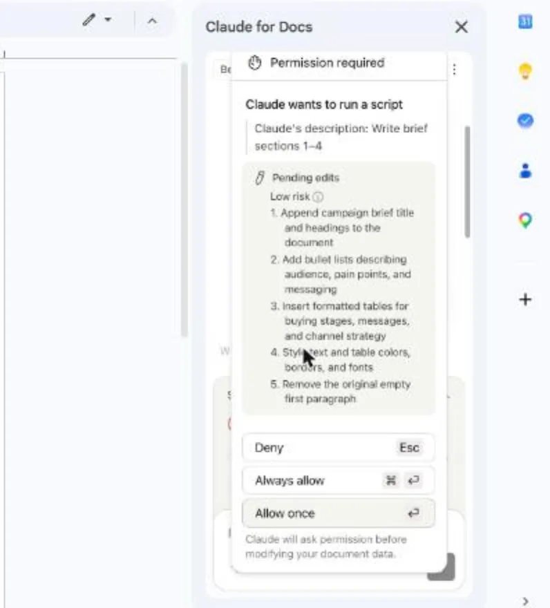 A permission card in the Docs sidebar listing pending edits, with Deny, Always allow and Allow once buttons