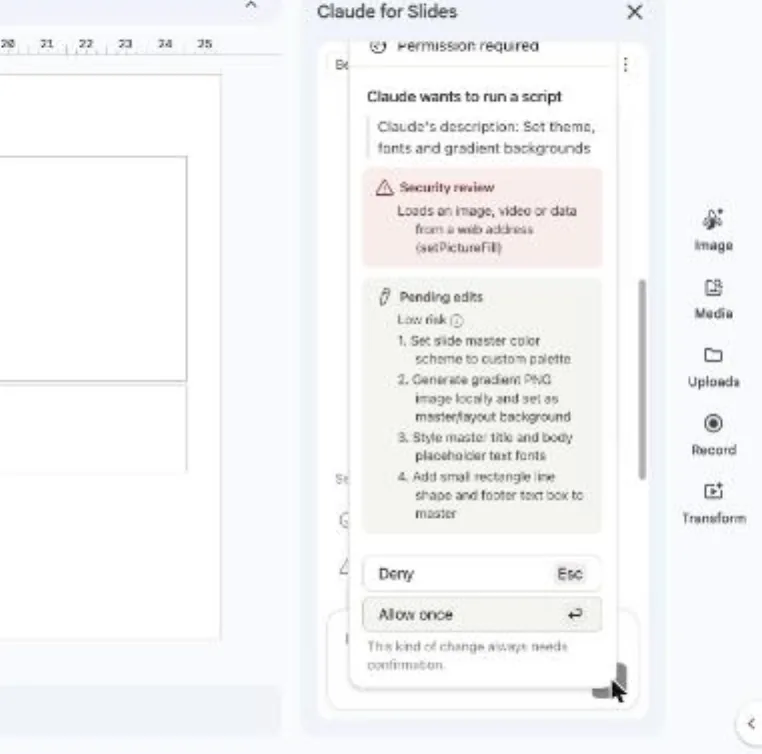 A Security review card in the Slides sidebar with only Deny and Allow once buttons