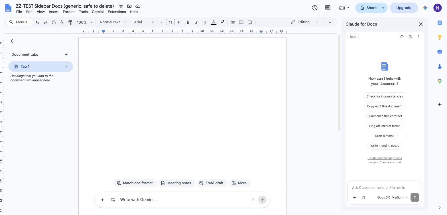The Claude sidebar open next to a blank Google Doc, showing starter prompts and the message box