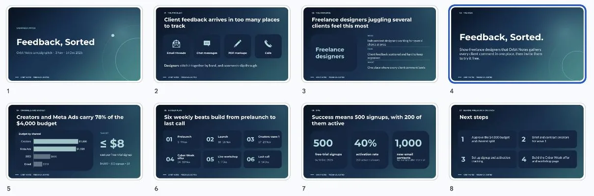 All eight generated slides in grid view sharing one navy-to-teal design