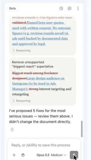 Suggestion cards in the Docs sidebar showing struck-through old text and replacement text